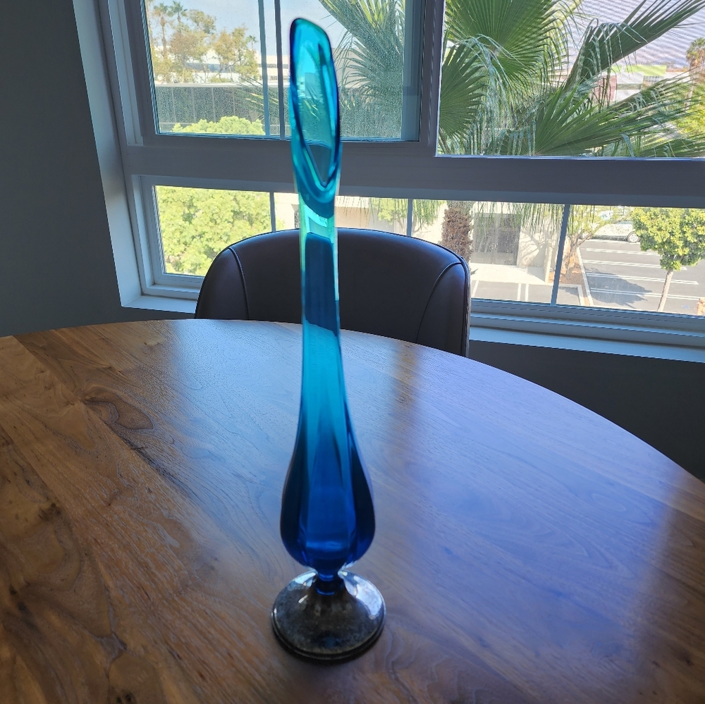 Vtg Empire Aqua/Blue Glass 18" Swung vase with Sterling Weighted base Rare